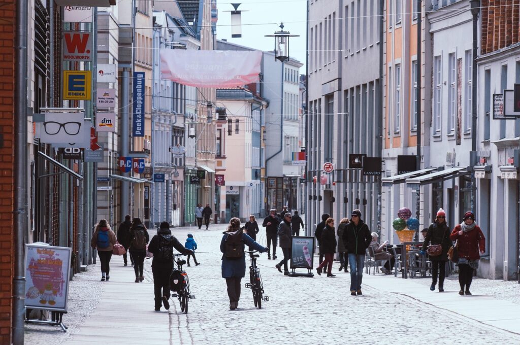 shopping street, pedestrian zone, downtown, people, town, urban, tourism, travel, people, people, people, people, people